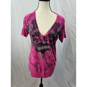 Archaic Women Hot Pink V Neck Graphic Tee Shirt Wings Cross‎ Roses Size L